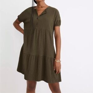 Madewell resourced crinkle knit tiered mini dress dried olive green